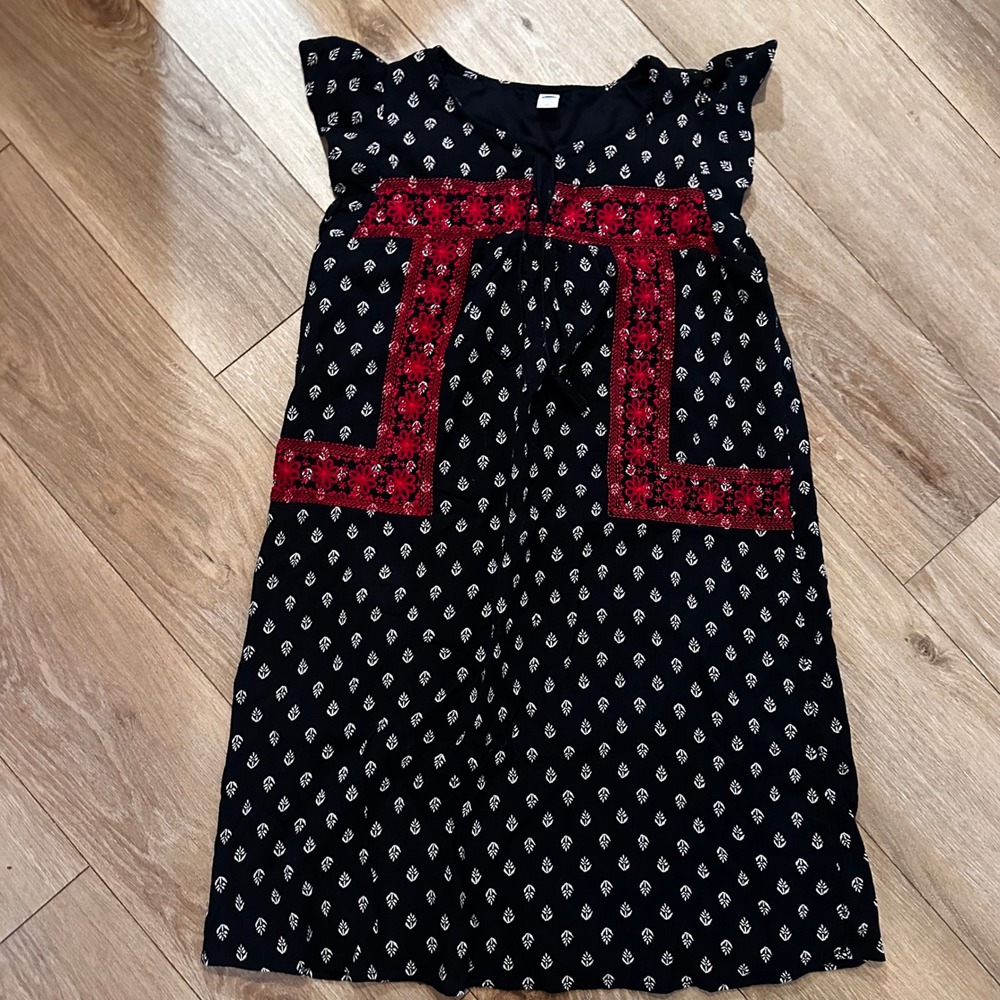 Old Navy Womens Tall Medium Black Embroidered Cotton Tassel Shift Mini Dress